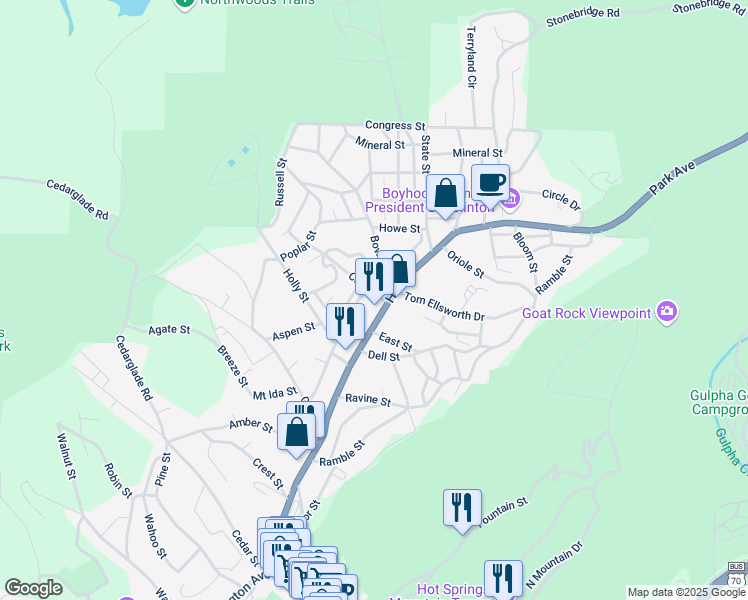 map of restaurants, bars, coffee shops, grocery stores, and more near 771 Park Avenue in Hot Springs