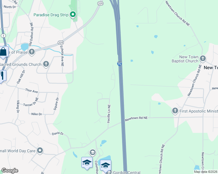 map of restaurants, bars, coffee shops, grocery stores, and more near 264 Iracille Lane Northeast in Calhoun