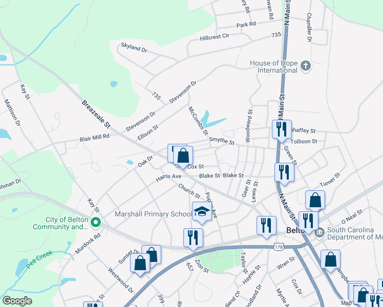 map of restaurants, bars, coffee shops, grocery stores, and more near 133 Rice Street in Belton
