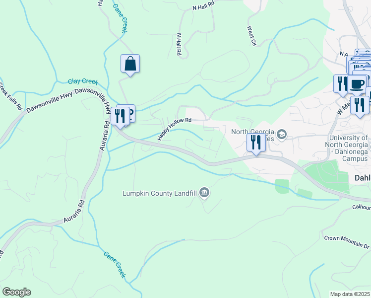 map of restaurants, bars, coffee shops, grocery stores, and more near 1256 Morrison Moore Parkway West in Dahlonega