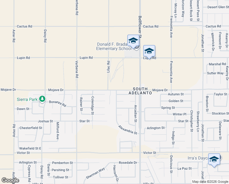 map of restaurants, bars, coffee shops, grocery stores, and more near 11152 Shanandoah Street in Adelanto