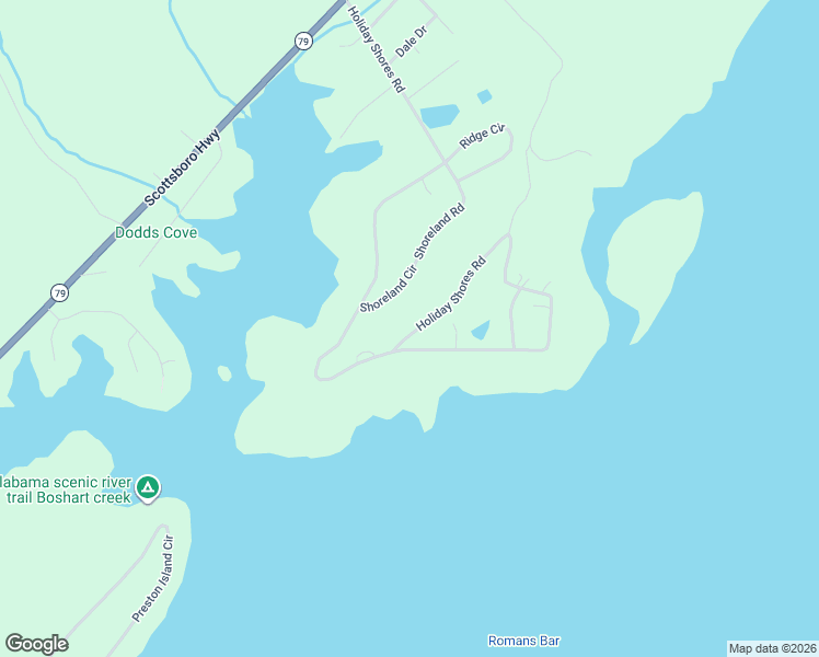 map of restaurants, bars, coffee shops, grocery stores, and more near 1285 Holiday Shores Road in Scottsboro