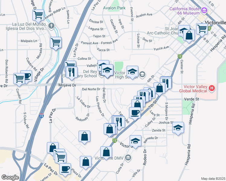 map of restaurants, bars, coffee shops, grocery stores, and more near 15277 Tatum Road in Victorville