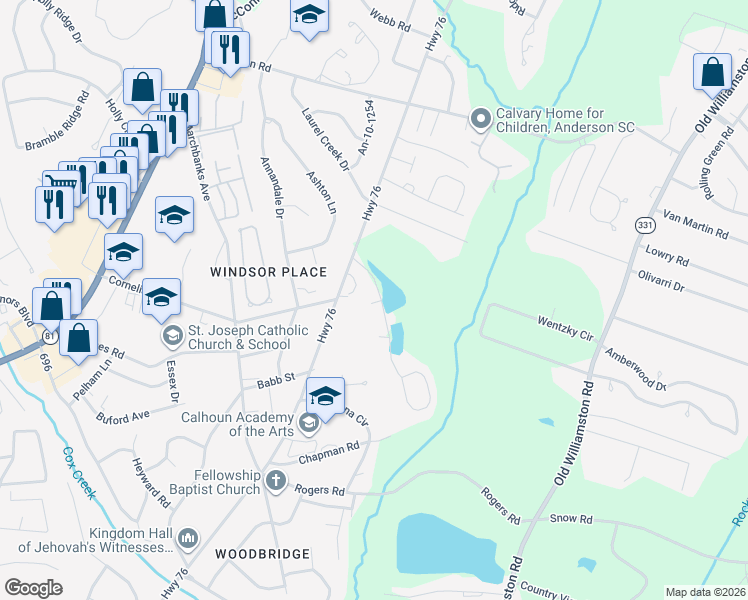 map of restaurants, bars, coffee shops, grocery stores, and more near 12 Oleander Drive in Anderson