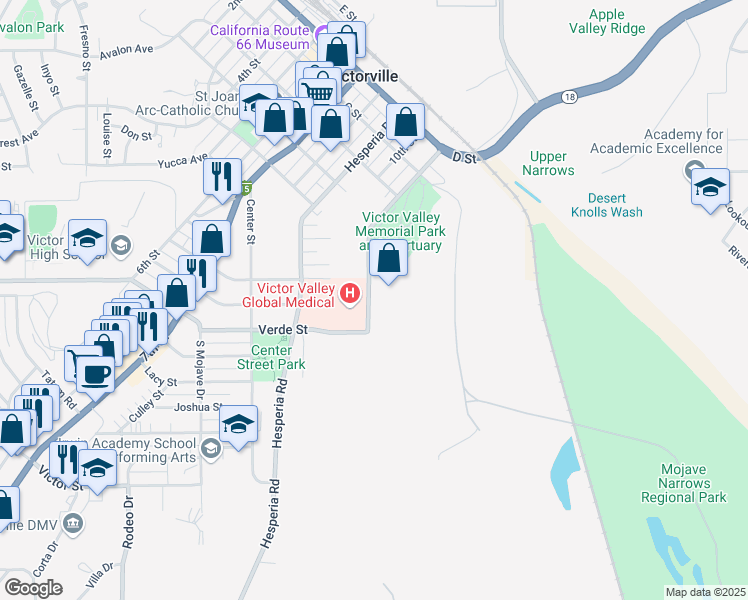 map of restaurants, bars, coffee shops, grocery stores, and more near 15243 Eleventh Street in Victorville