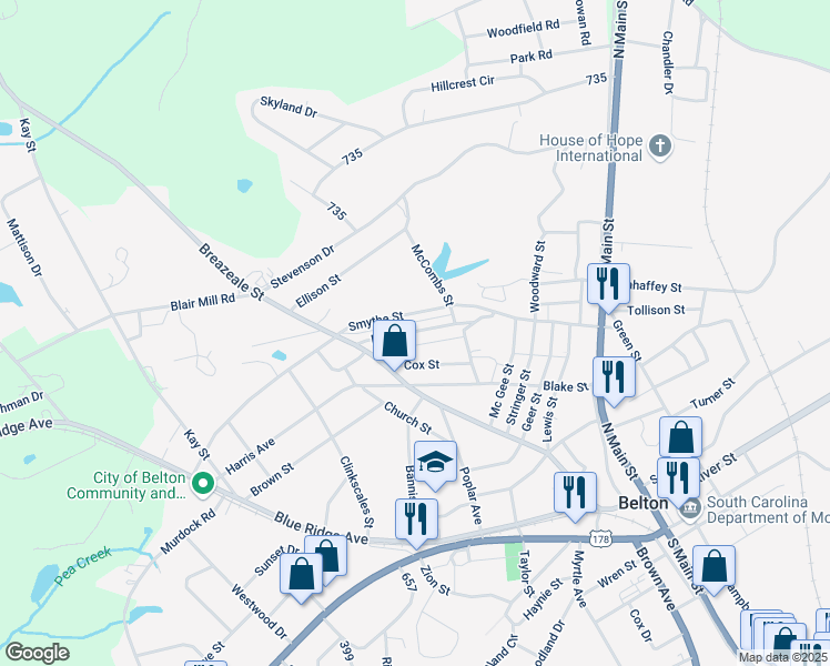 map of restaurants, bars, coffee shops, grocery stores, and more near 133 Rice Street in Belton