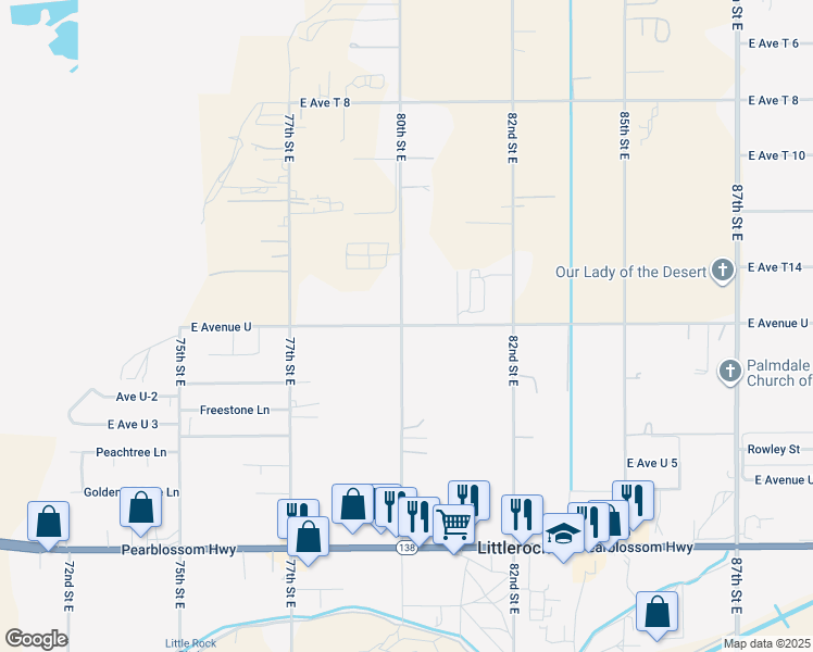 map of restaurants, bars, coffee shops, grocery stores, and more near 2 Pearblossom Highway in Palmdale