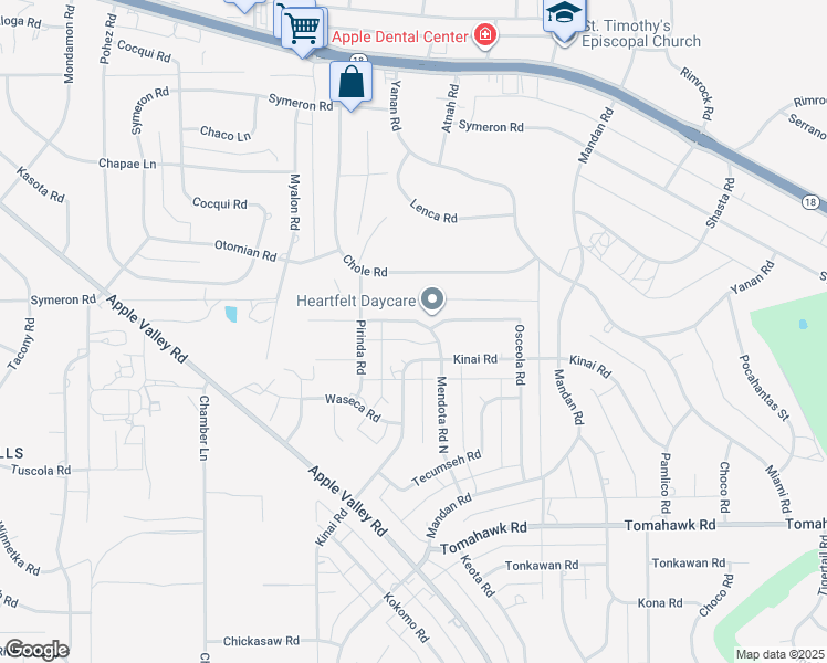 map of restaurants, bars, coffee shops, grocery stores, and more near 19079 Mendota Road in Apple Valley