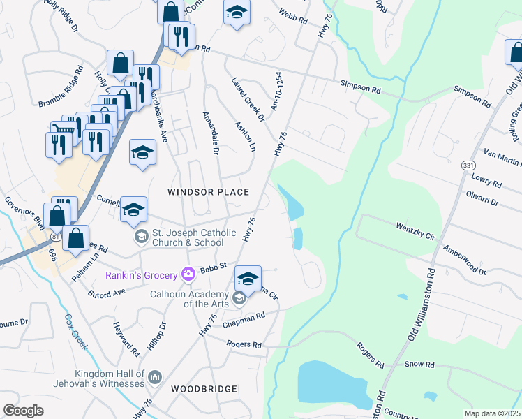 map of restaurants, bars, coffee shops, grocery stores, and more near 1900 East Calhoun Street in Anderson