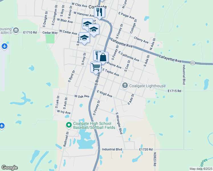 map of restaurants, bars, coffee shops, grocery stores, and more near 806 South Finney Street in Coalgate