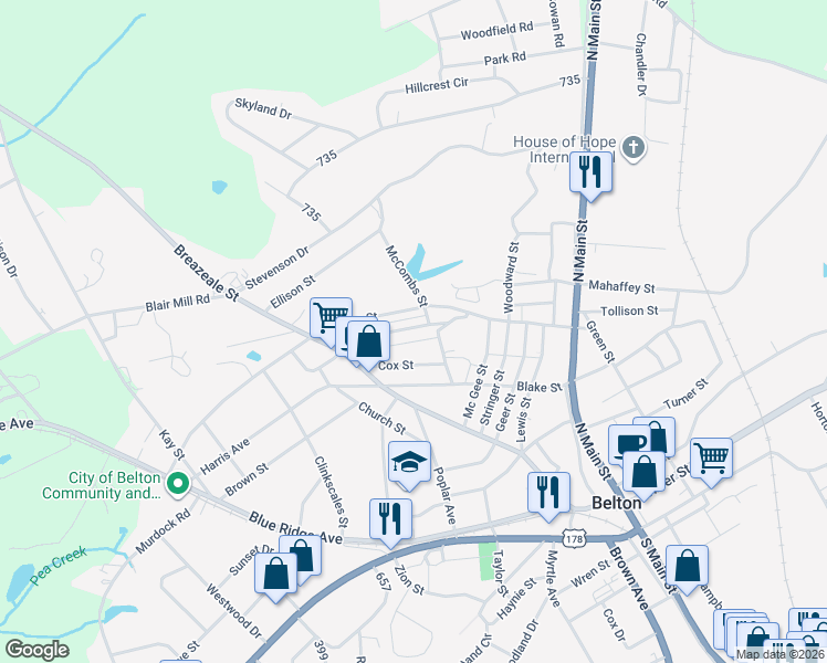 map of restaurants, bars, coffee shops, grocery stores, and more near 200 Rice Street in Belton