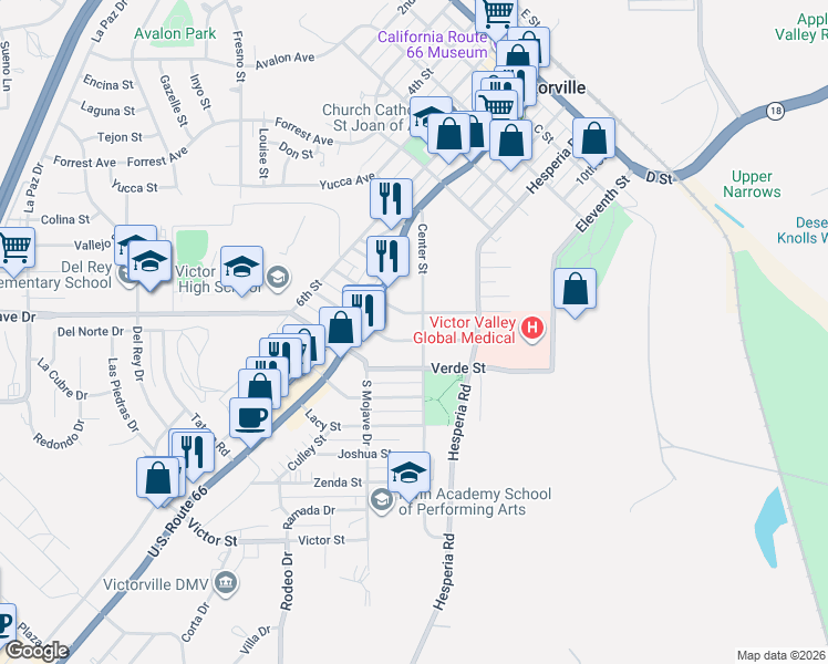 map of restaurants, bars, coffee shops, grocery stores, and more near 16755 Union Street in Victorville