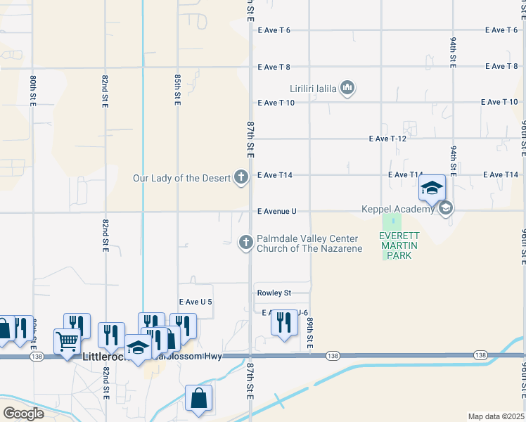 map of restaurants, bars, coffee shops, grocery stores, and more near 8733 East Avenue U in Littlerock