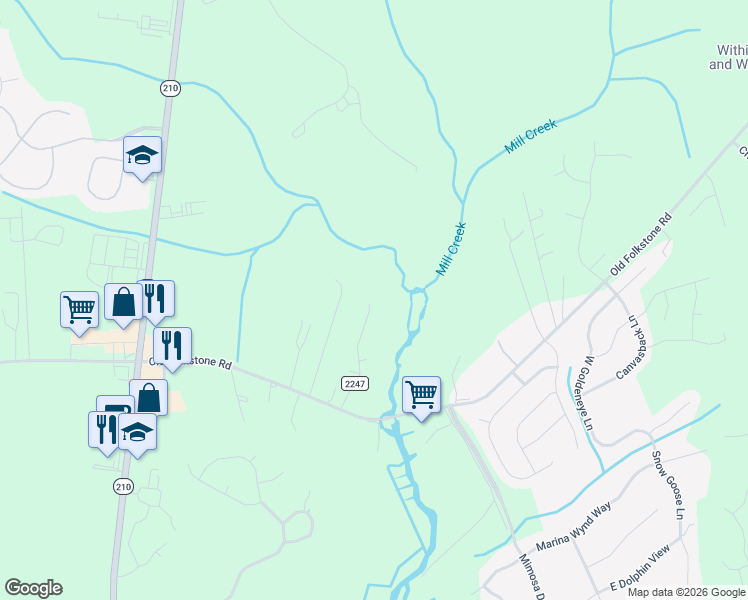 map of restaurants, bars, coffee shops, grocery stores, and more near 168 Old Millstone Landing Lane in Sneads Ferry