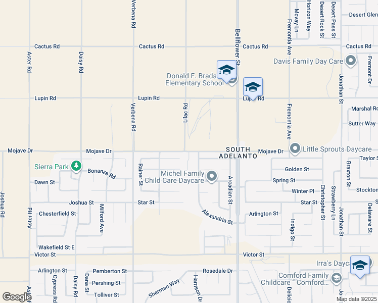 map of restaurants, bars, coffee shops, grocery stores, and more near Mojave Drive in Adelanto