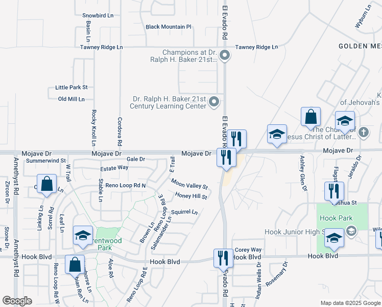 map of restaurants, bars, coffee shops, grocery stores, and more near Mojave Drive in Victorville
