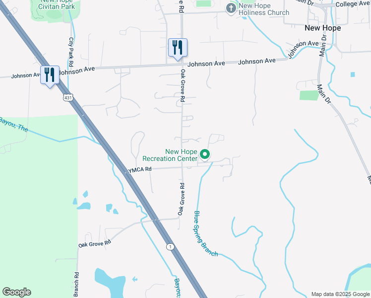 map of restaurants, bars, coffee shops, grocery stores, and more near 2338 Oak Grove Road in New Hope