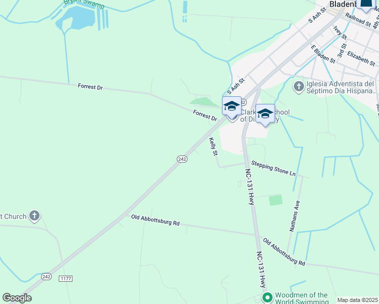 map of restaurants, bars, coffee shops, grocery stores, and more near 14774 North Carolina 242 Highway South in Bladenboro