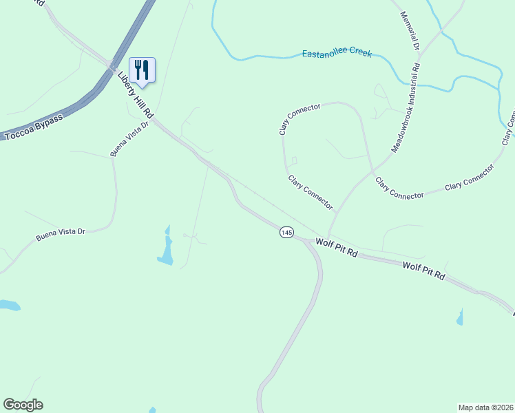 map of restaurants, bars, coffee shops, grocery stores, and more near 2671 Liberty Hill Road in Eastanollee