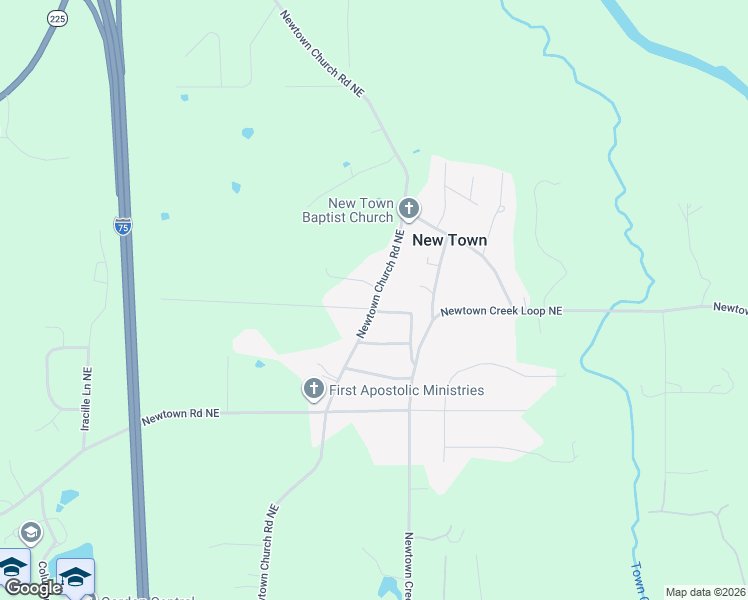 map of restaurants, bars, coffee shops, grocery stores, and more near 777 Newtown Church Road Northeast in Calhoun
