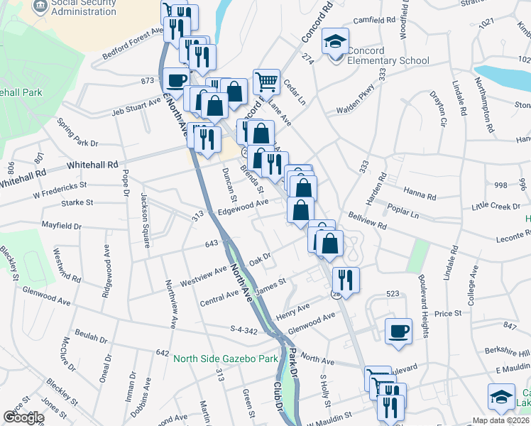 map of restaurants, bars, coffee shops, grocery stores, and more near 110 Terry Avenue in Anderson