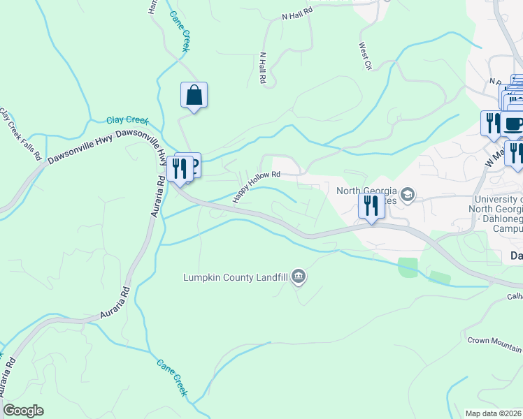 map of restaurants, bars, coffee shops, grocery stores, and more near 105 Cherry Blossom Drive in Dahlonega