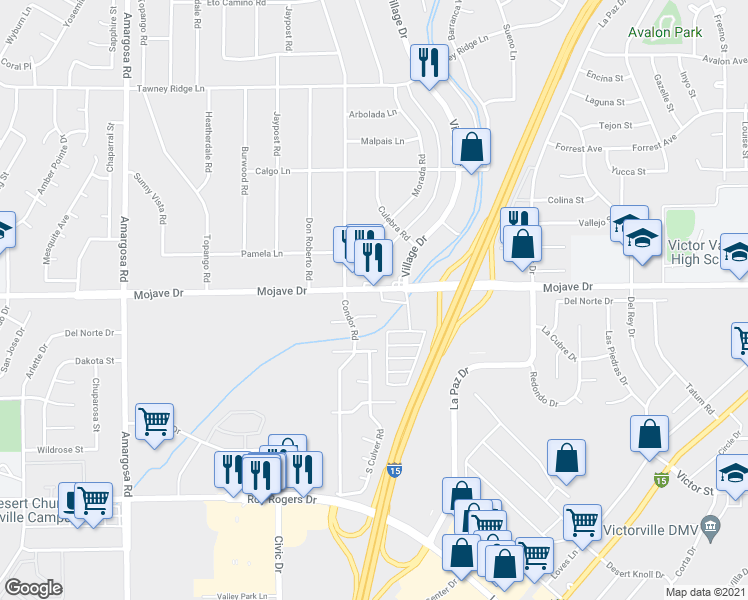 map of restaurants, bars, coffee shops, grocery stores, and more near 15775 Mojave Drive in Victorville