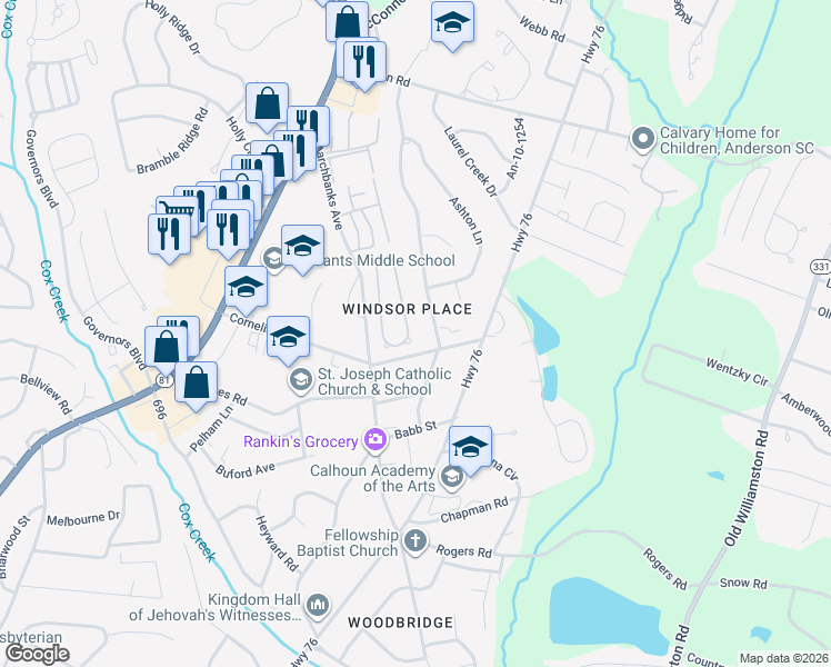 map of restaurants, bars, coffee shops, grocery stores, and more near 132 Elliott Circle in Anderson