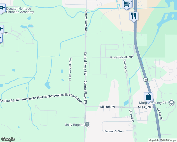map of restaurants, bars, coffee shops, grocery stores, and more near 4187 Central Parkway Southwest in Decatur