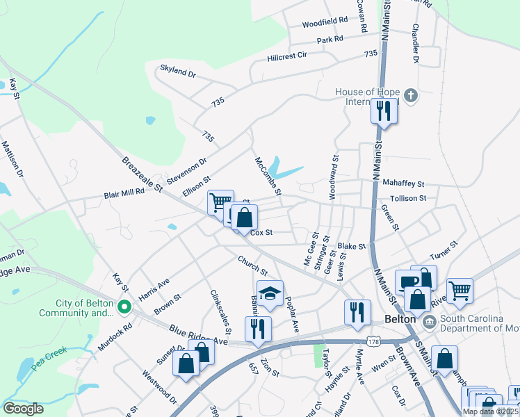 map of restaurants, bars, coffee shops, grocery stores, and more near 133 Rice Street in Belton