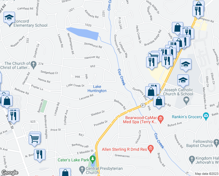 map of restaurants, bars, coffee shops, grocery stores, and more near 2823 Leconte Road in Anderson