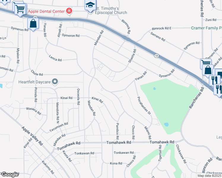 map of restaurants, bars, coffee shops, grocery stores, and more near 19476 Yanan Road in Apple Valley