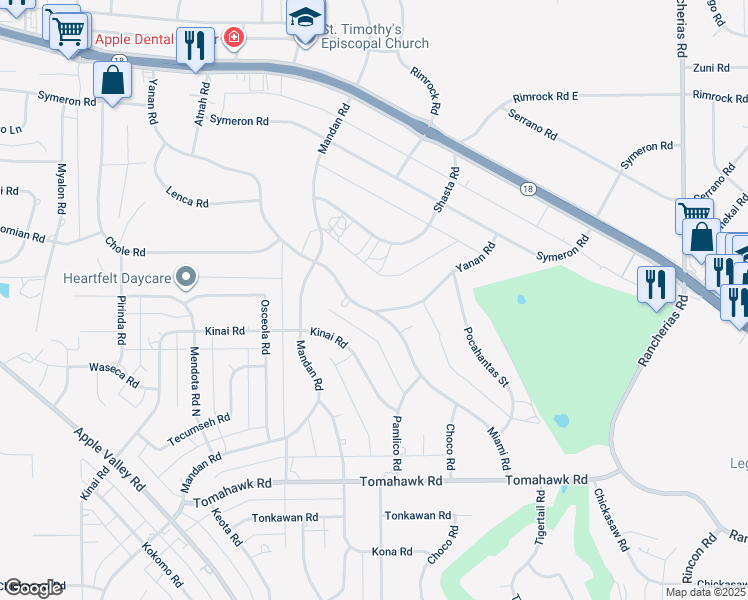 map of restaurants, bars, coffee shops, grocery stores, and more near 19476 Yanan Road in Apple Valley