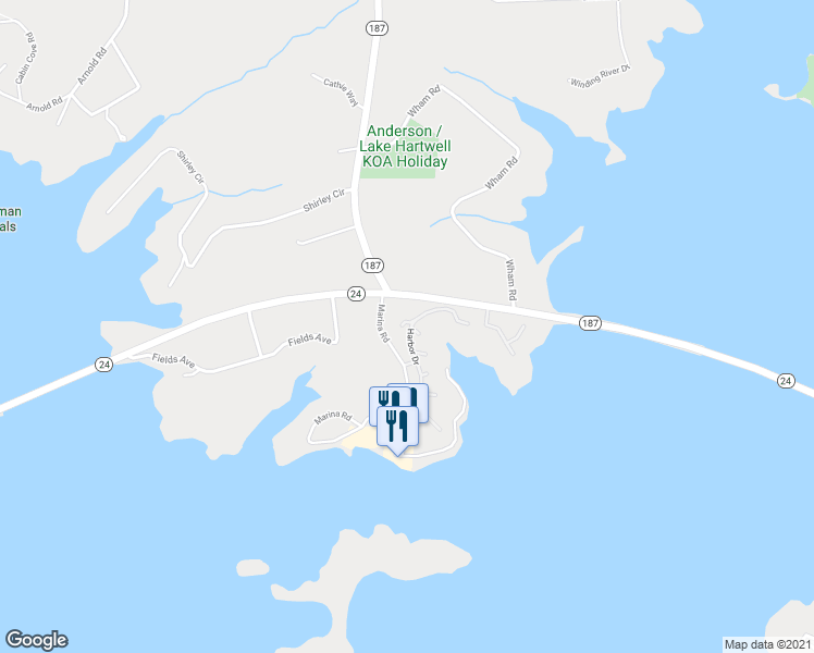 map of restaurants, bars, coffee shops, grocery stores, and more near 218A Pelican Lane in Anderson