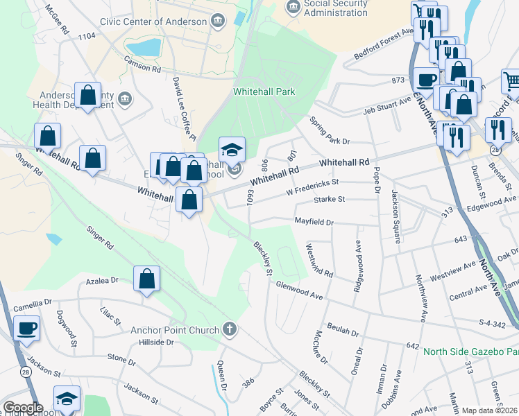 map of restaurants, bars, coffee shops, grocery stores, and more near 621 West Fredericks Street in Anderson