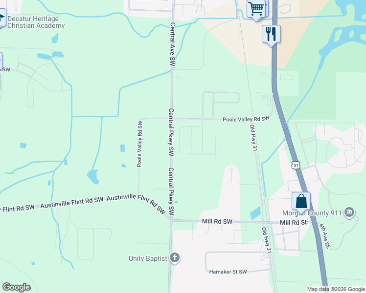 map of restaurants, bars, coffee shops, grocery stores, and more near 4187 Central Parkway Southwest in Decatur