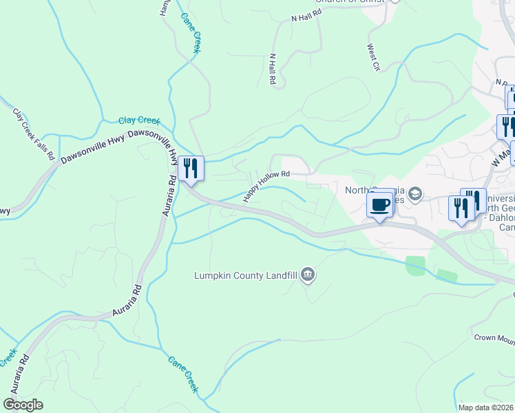 map of restaurants, bars, coffee shops, grocery stores, and more near 70 Cherry Blossom Drive in Dahlonega