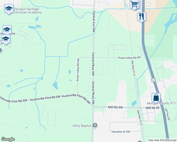 map of restaurants, bars, coffee shops, grocery stores, and more near 4100-4392 Central Parkway Southwest in Decatur