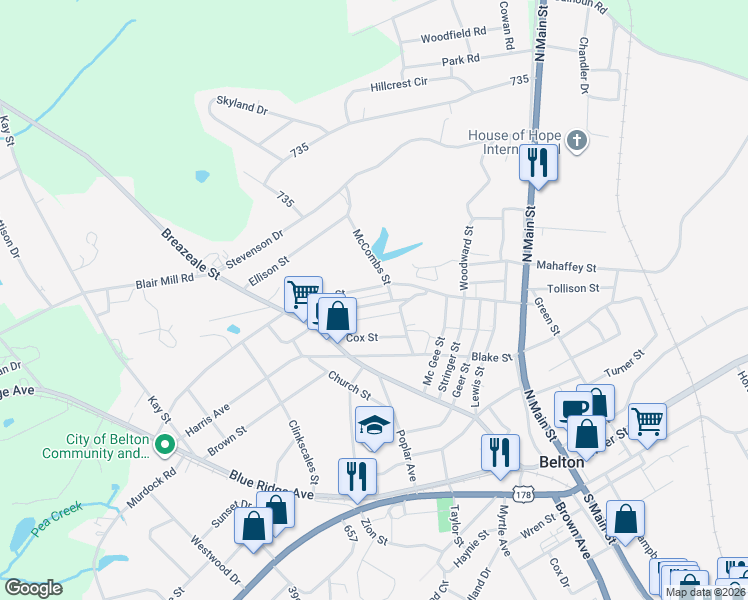 map of restaurants, bars, coffee shops, grocery stores, and more near 133 Rice Street in Belton