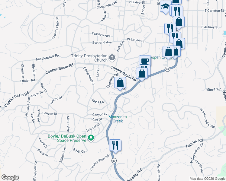 map of restaurants, bars, coffee shops, grocery stores, and more near 700 White Spar Road in Prescott