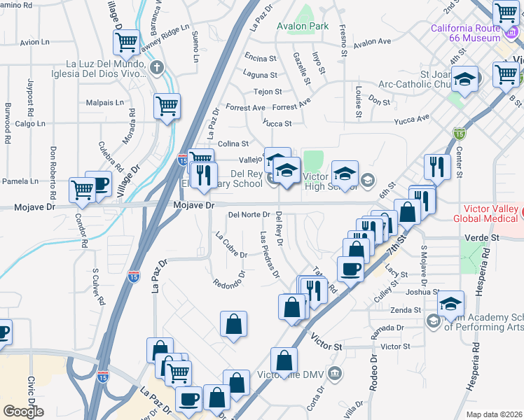 map of restaurants, bars, coffee shops, grocery stores, and more near 16264 Del Norte Drive in Victorville
