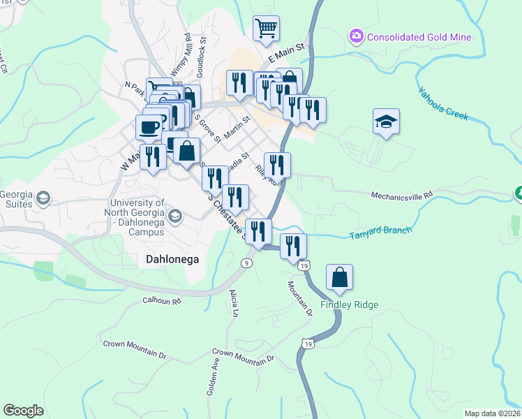map of restaurants, bars, coffee shops, grocery stores, and more near 93 South Derrick Street in Dahlonega