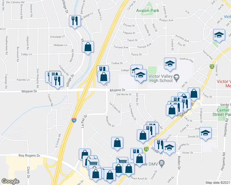 map of restaurants, bars, coffee shops, grocery stores, and more near 16162 Del Norte Drive in Victorville
