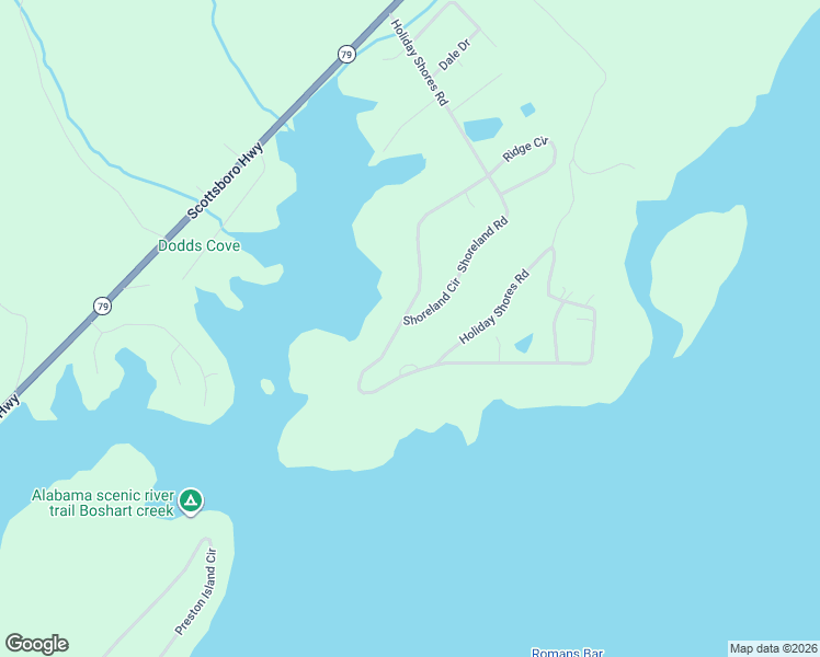 map of restaurants, bars, coffee shops, grocery stores, and more near 66 Shoreland Circle in Scottsboro