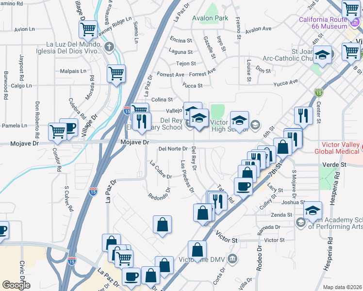 map of restaurants, bars, coffee shops, grocery stores, and more near 16264 Del Norte Drive in Victorville
