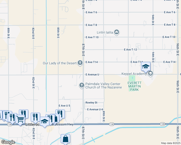 map of restaurants, bars, coffee shops, grocery stores, and more near 8733 East Avenue U in Littlerock