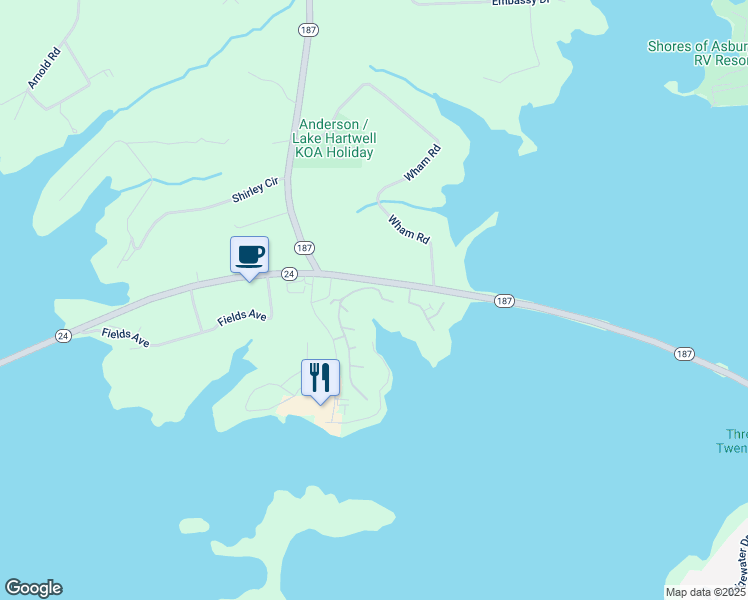 map of restaurants, bars, coffee shops, grocery stores, and more near 109 Harbor Drive in Anderson