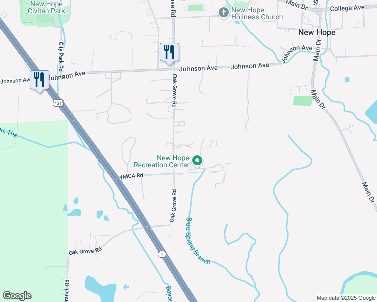 map of restaurants, bars, coffee shops, grocery stores, and more near 2338 Oak Grove Road in New Hope