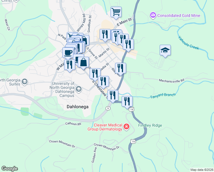 map of restaurants, bars, coffee shops, grocery stores, and more near 378 Parks Drive in Dahlonega