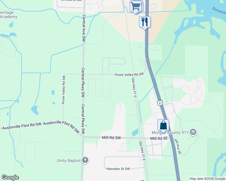 map of restaurants, bars, coffee shops, grocery stores, and more near 130 Mill Road Southwest in Decatur